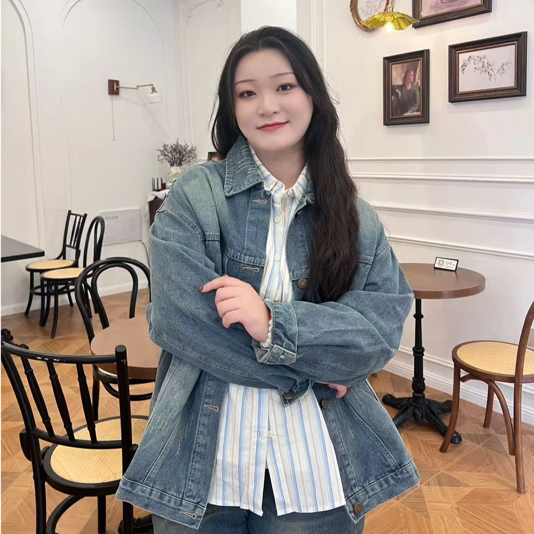 潮流复古做旧宽松翻领牛仔外套秋装新款胖mm大码女装上衣65491