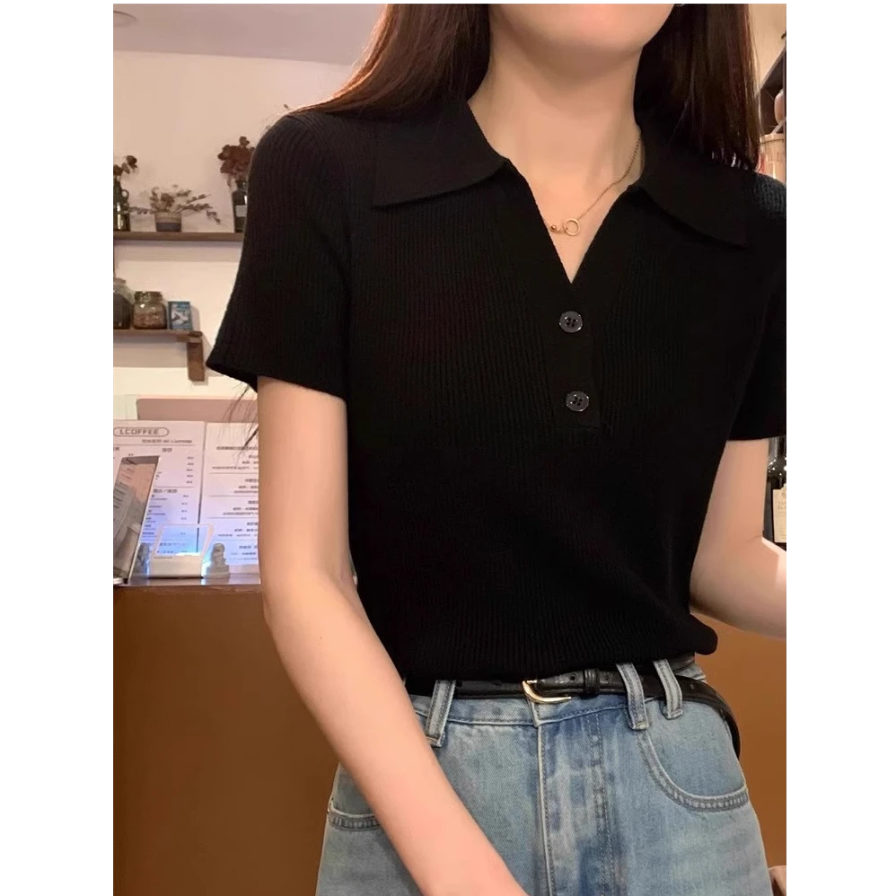 韩系polo领坑条冰丝针织T恤女设计感气质纽扣薄款V领短袖体恤上衣