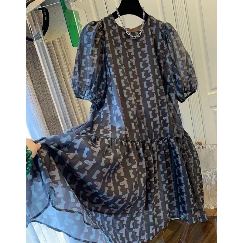 8301法式高端气质小鸟印花泡泡袖初恋薄纱连衣裙子女蝴蝶结夏新款