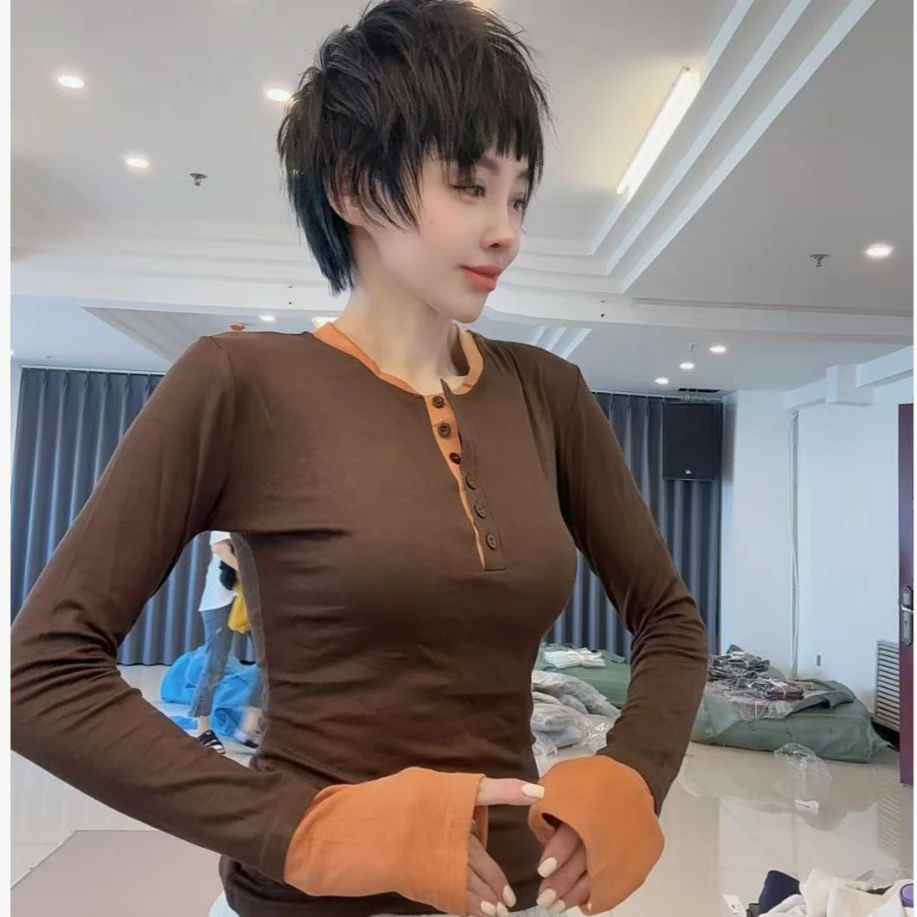 时尚款欧姐家咖色假两件打底衫