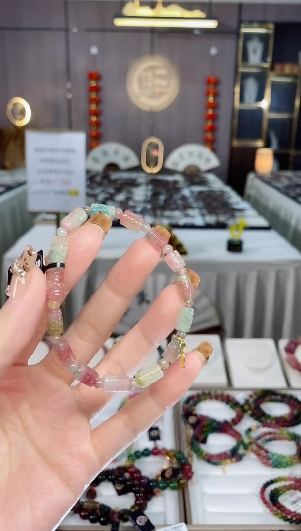 老矿碧玺西瓜回纹桶珠单圈手串未镶嵌碧玺dan一物一证