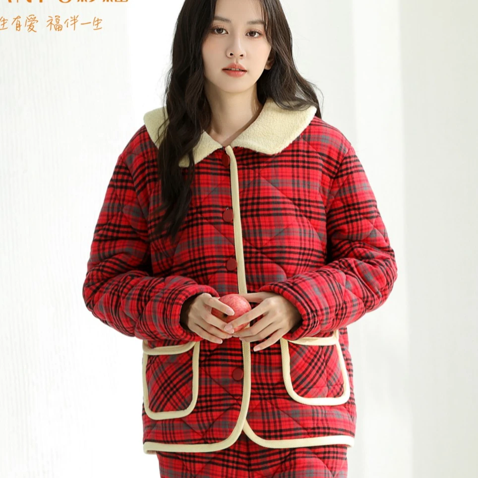 衫福女士冬季三层加厚加绒色织格保暖家居服套装FC67820
