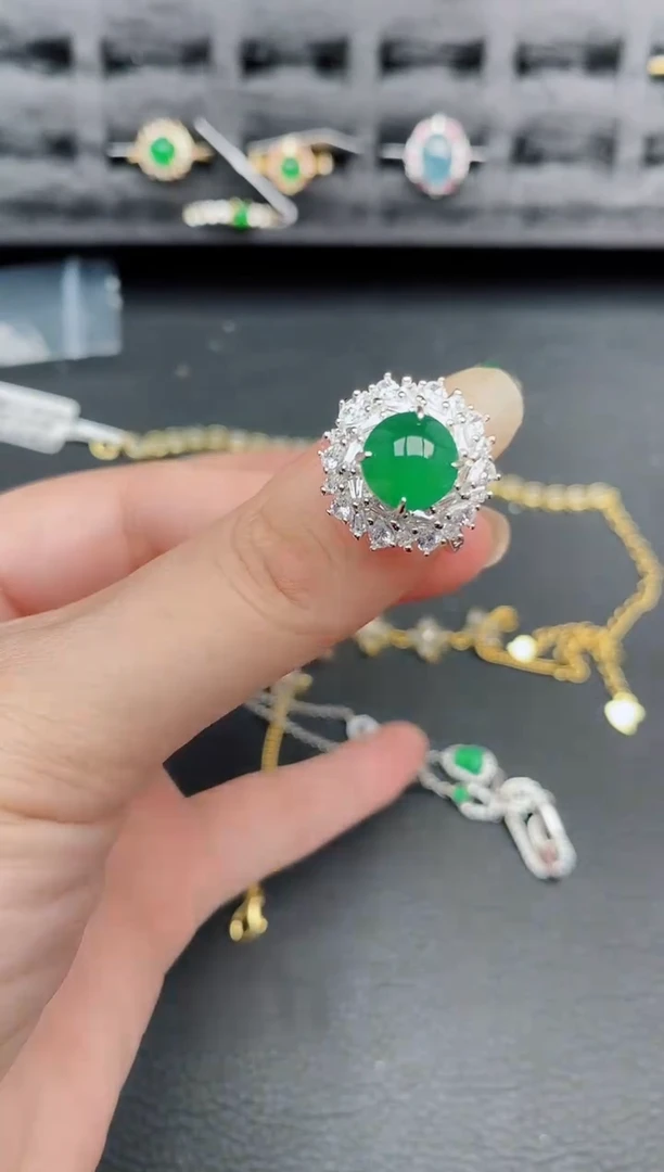 银S925镶嵌戒指翡翠天然a货翡翠348