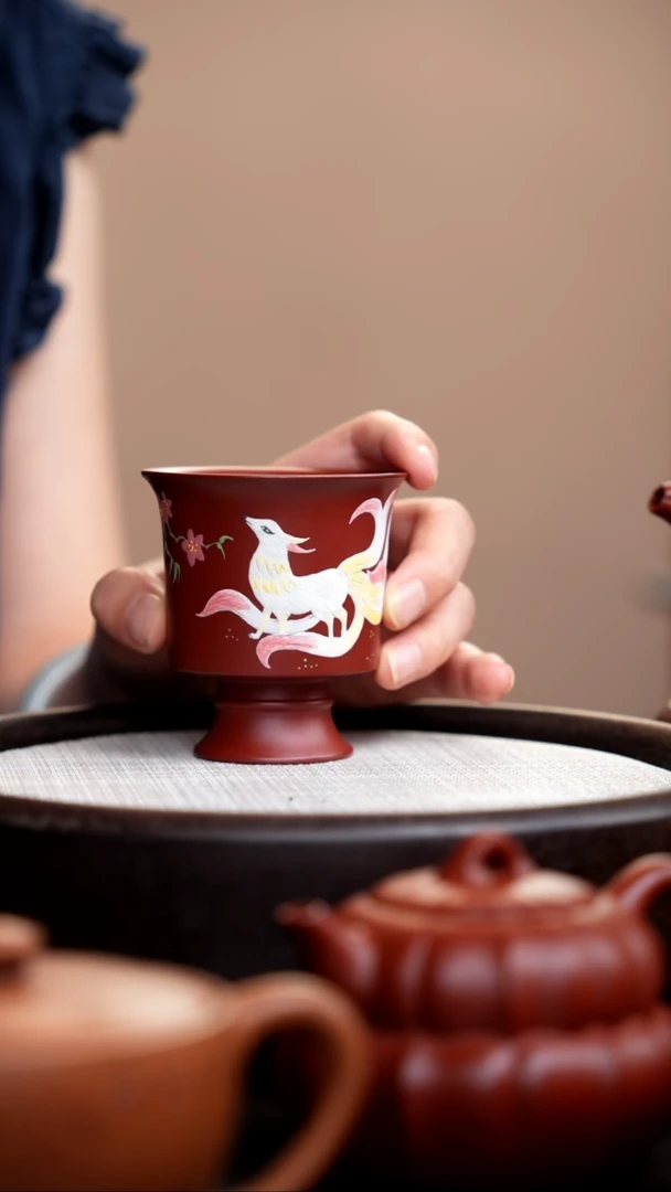 茶壶紫砂朱泥高脚杯泥绘凤九