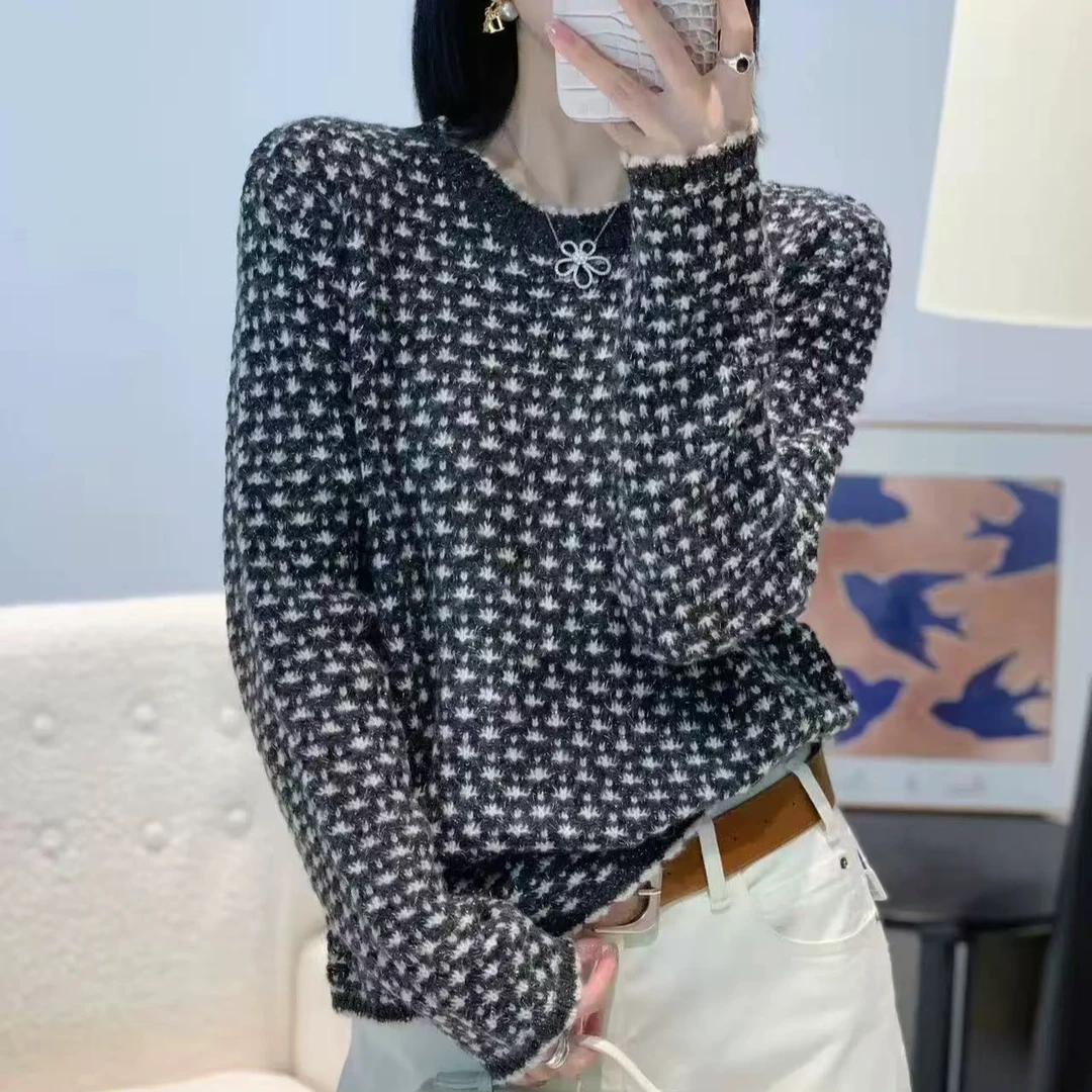 羊驼绒羊毛混纺秋冬时尚新款撞色提花气质洋气百搭女士针织衫套头