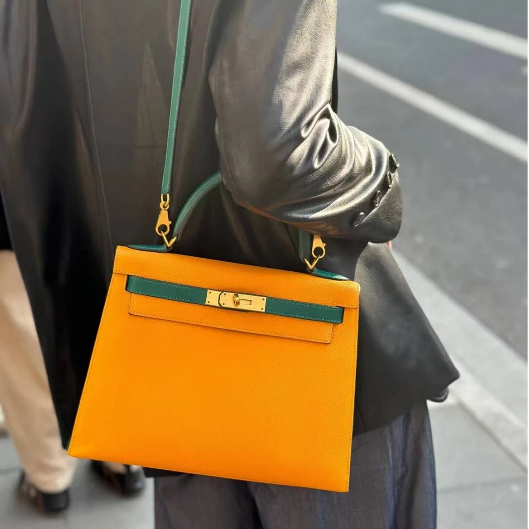 99新 Hermes/爱马仕 黄色拼绿色金扣 Kelly28 手提包 E皮 A刻