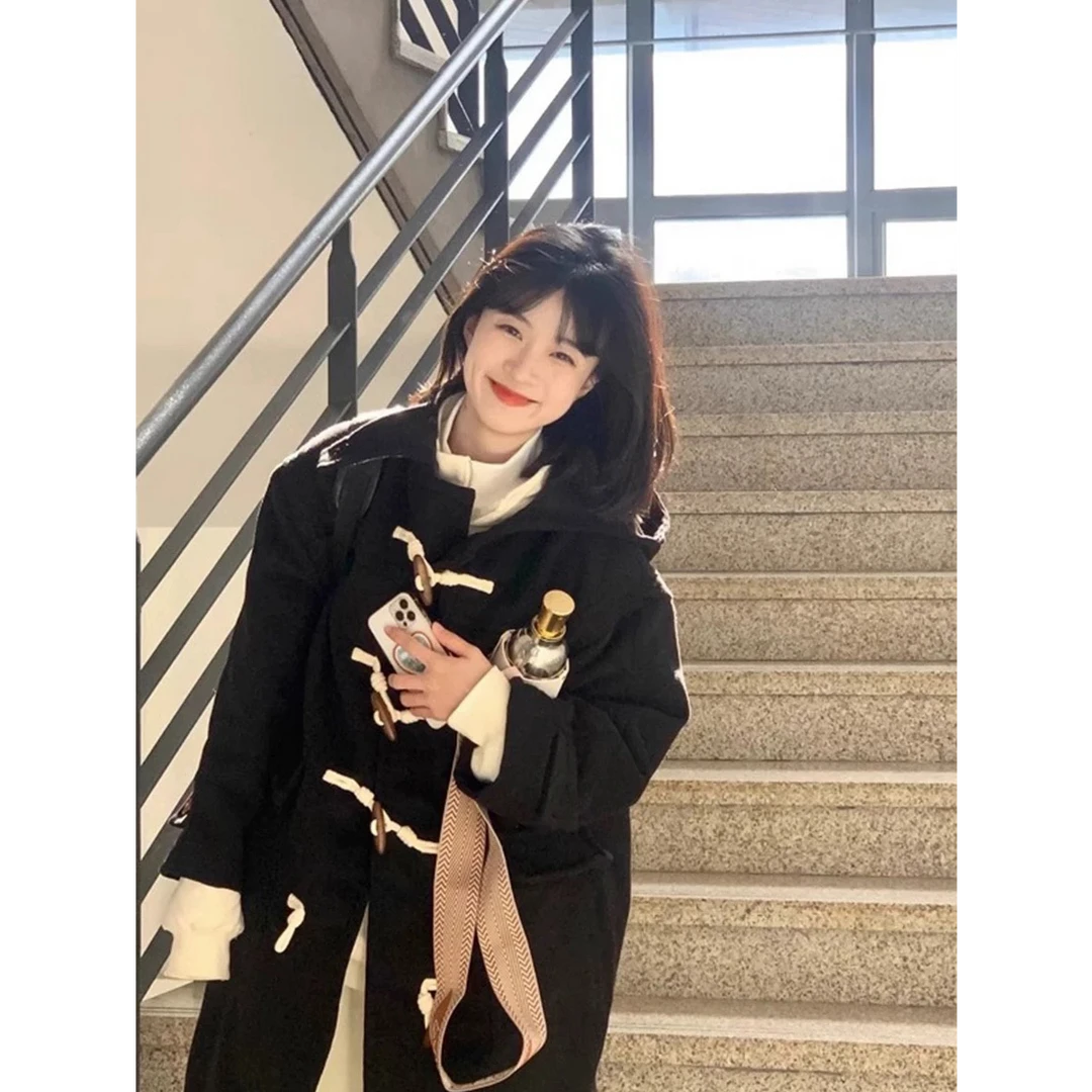 H5VBZ389#牛角扣黑色毛呢大衣女秋冬中长款小个子连帽呢子外套