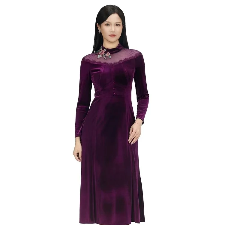 SUSSI/古色紫色半高领贴花中长款丝绒连衣裙礼服女薄荷曼波