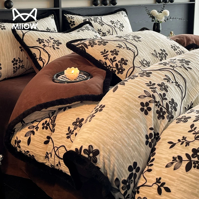 猫人美拉德风牛奶绒四件套高克重仿兔毛绒床单加绒加厚被套三件套