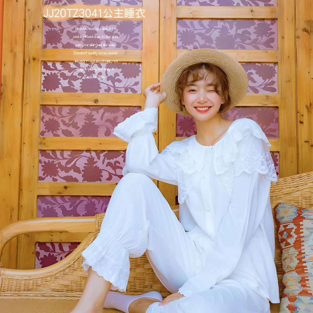 安美拉公主睡衣蕾丝长袖白色花边时尚休闲宽松韩版甜美荷叶边春夏
