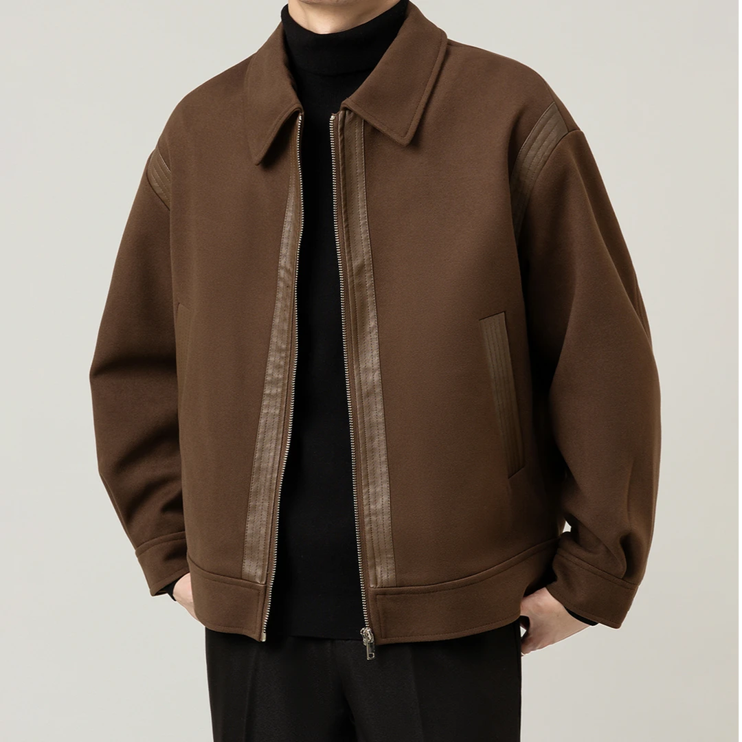 法帝卡尔克秋冬男轻熟风休闲外套韩版短款宽松翻领拼接毛呢夹克男