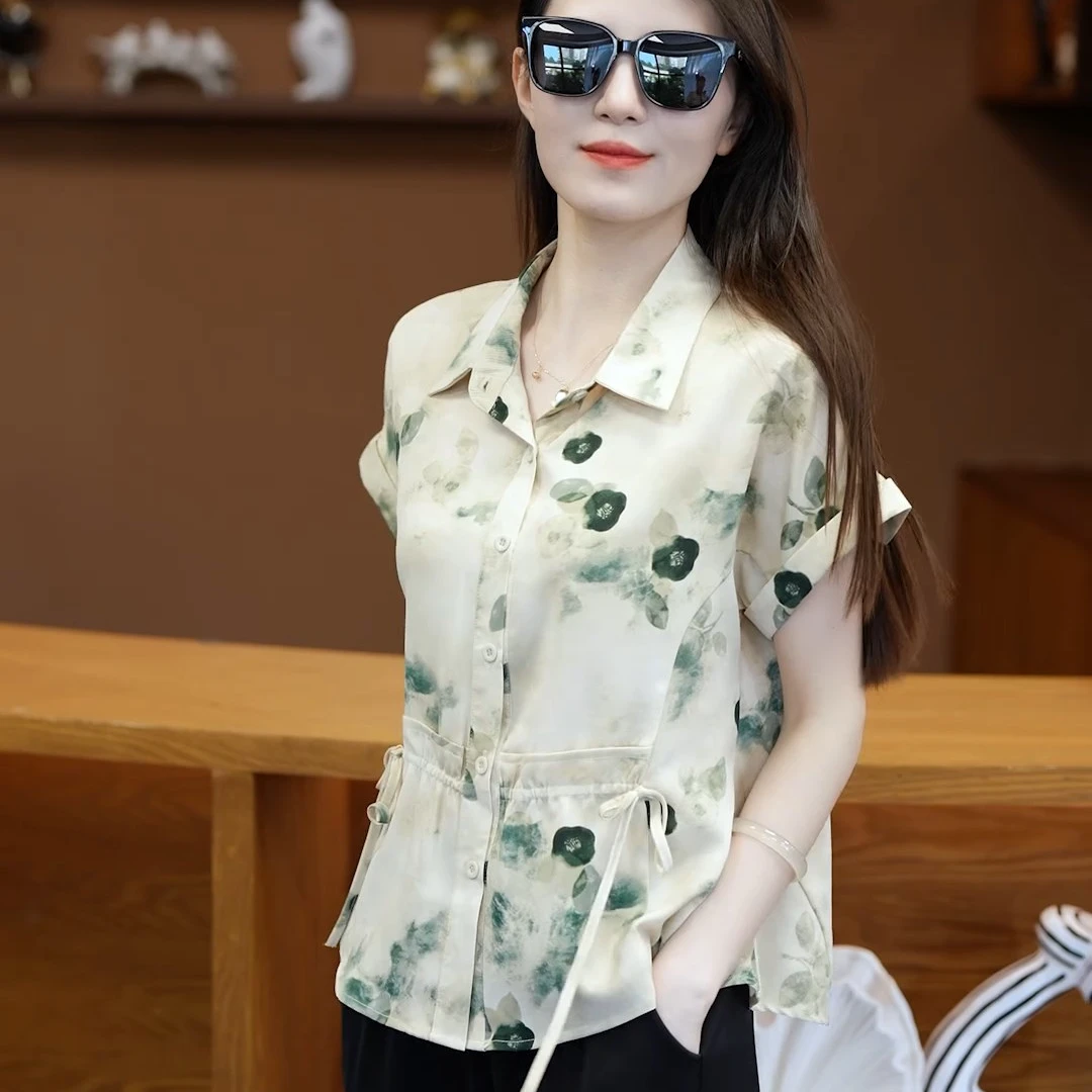 夏季新款宽松型修身型常规时尚中老年女装衬衫印花复古洋气休闲