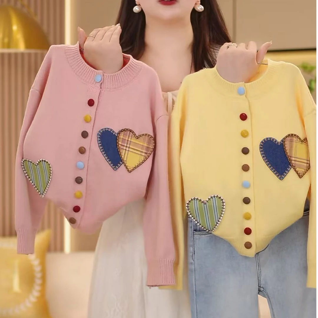 女童粉色毛衣外套春秋款大儿童装针织开衫女孩秋季爱心毛线上衣服
