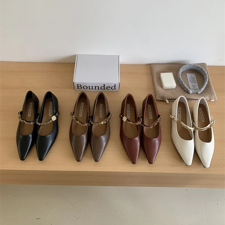 真皮内增高链条尖头气质玛丽珍鞋复古配裙子单鞋软底女鞋602-5
