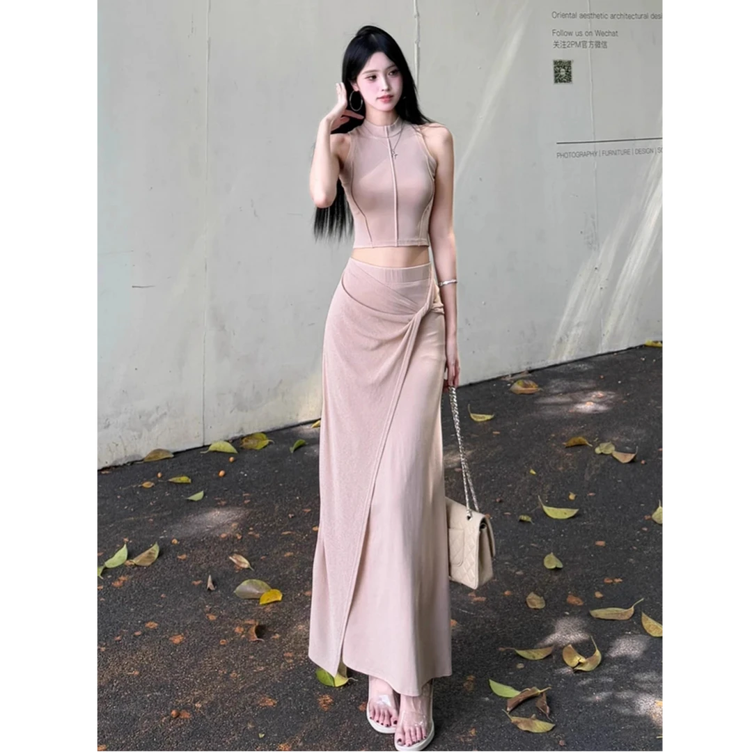 TITI 半高领无袖修身+拼接扭结网纱直筒半裙两件套女
