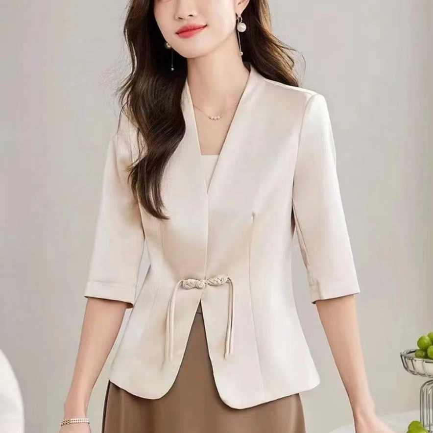 缎面小西装外套女2025春夏新款新中式国风上衣七分袖西服