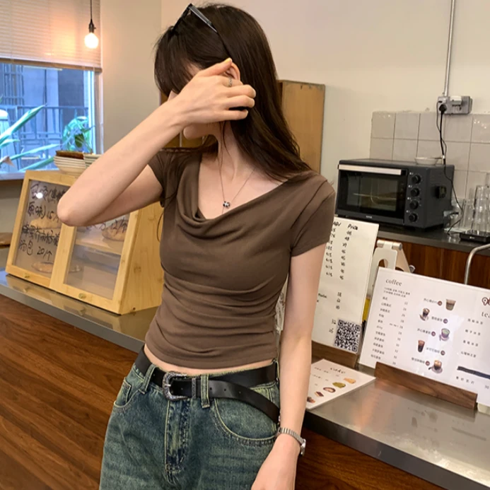 设计感荡领修身显瘦弹力短袖T恤女夏2024新款辣妹短款上衣