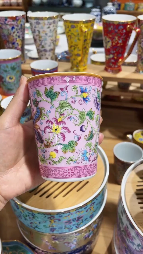 瓷片景德镇珐琅彩比翼双飞可乐杯300cc