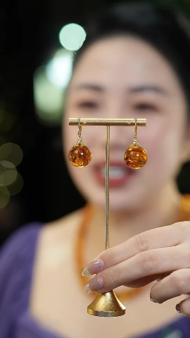 琥珀（花珀）银S925镶嵌耳饰花珀耳环18mm