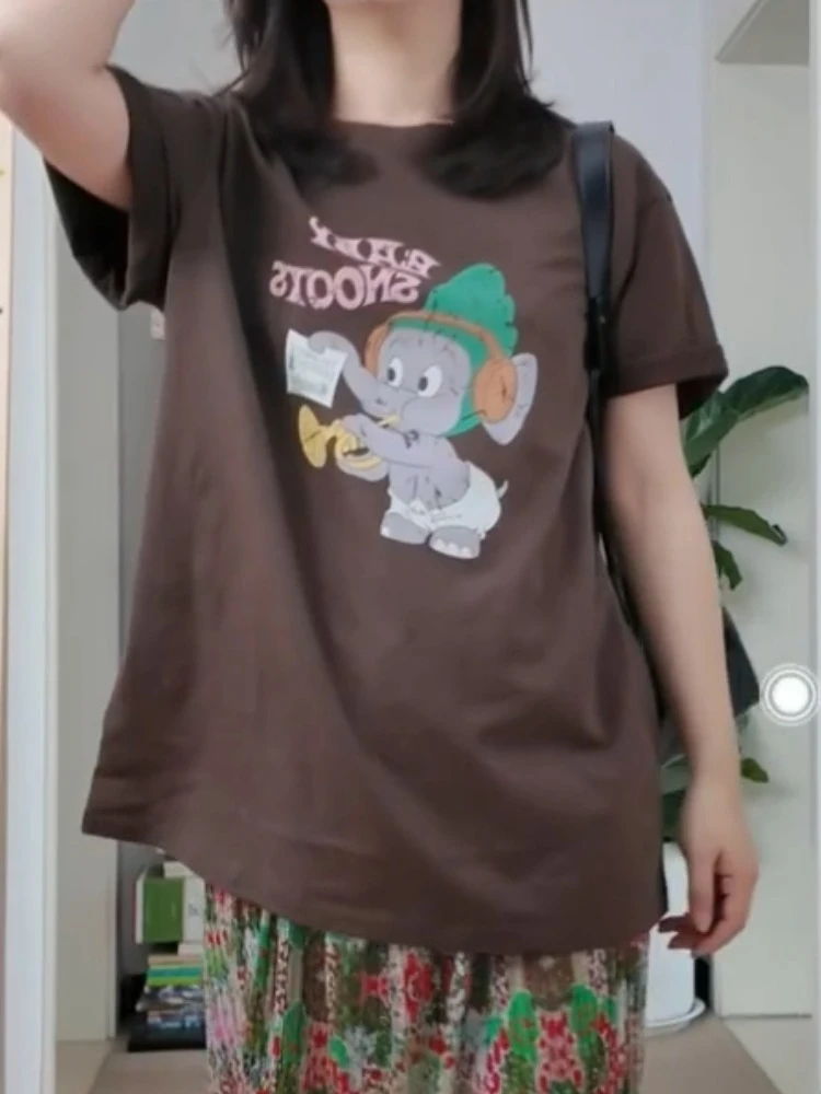 衣服女2025新款爆款夏日小象印花棕色短袖t恤独特漂亮减龄款上衣