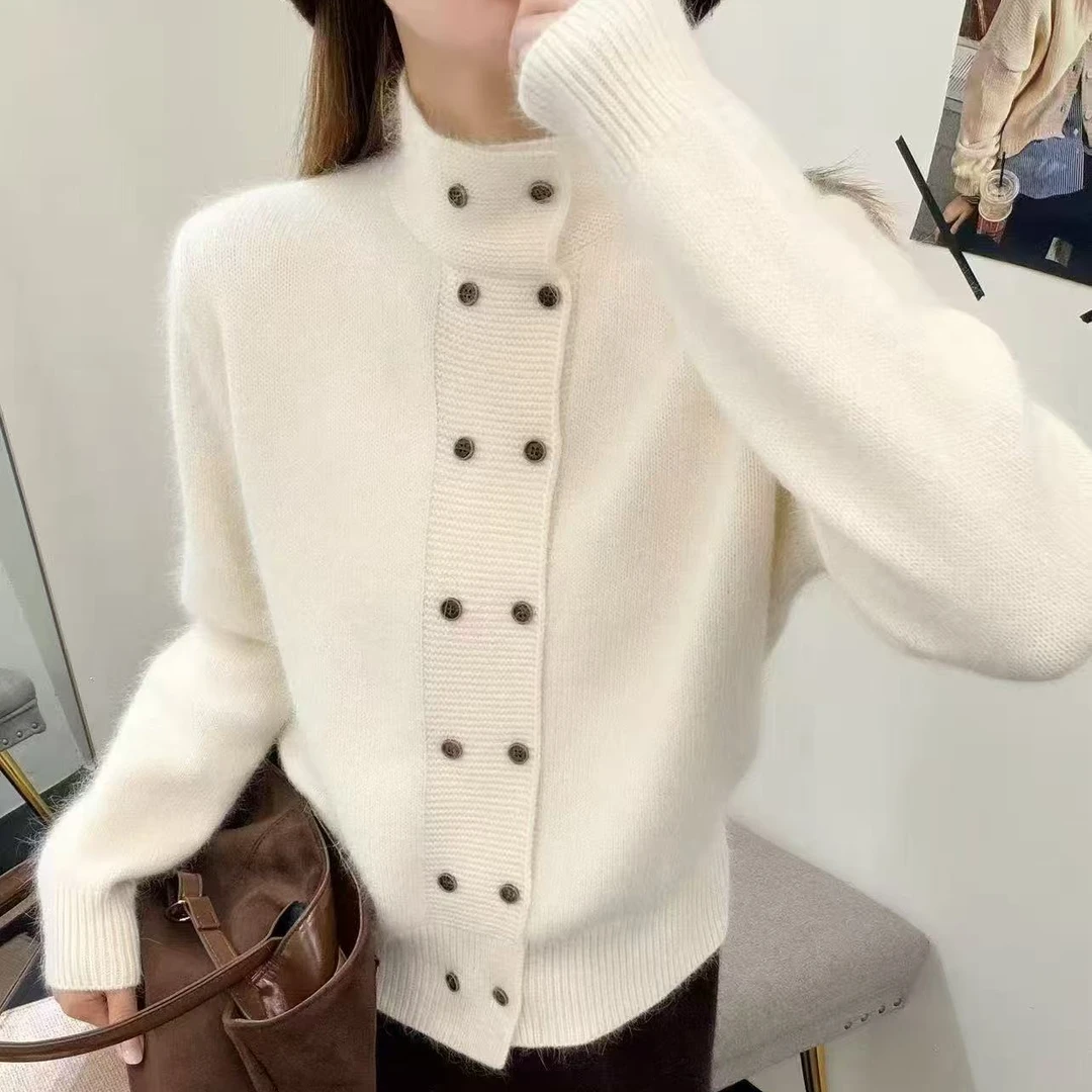 2025重工双排扣气质立领毛衣外套女秋冬加厚感慵懒宽松拉链针织衫