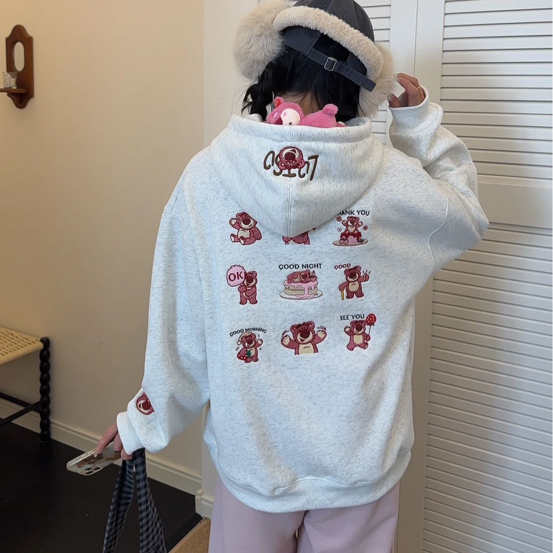 草莓熊加绒连帽卫衣重工刺绣慵懒风