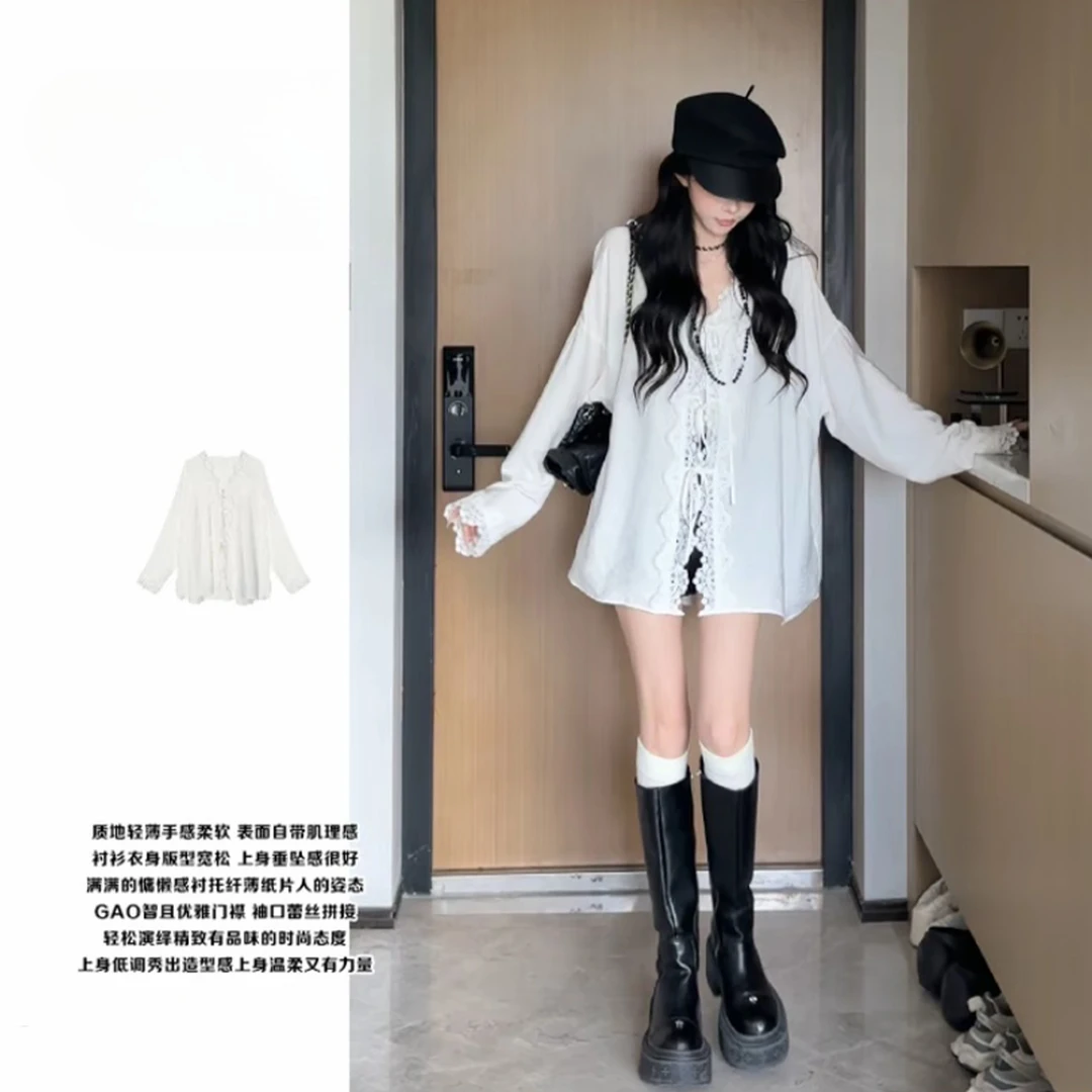 法式蕾丝花边绑带别致衬衫女2025夏季新款宽松显瘦长袖小衫上衣