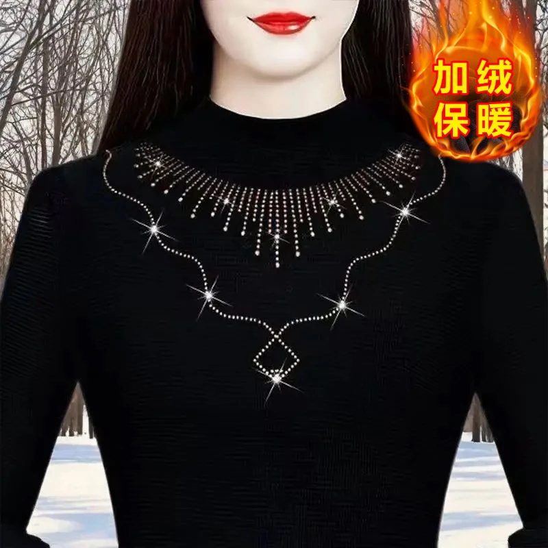 加绒保暖秋冬打底衫黑色半高领上衣大码遮肚子气质长袖减龄小衫女