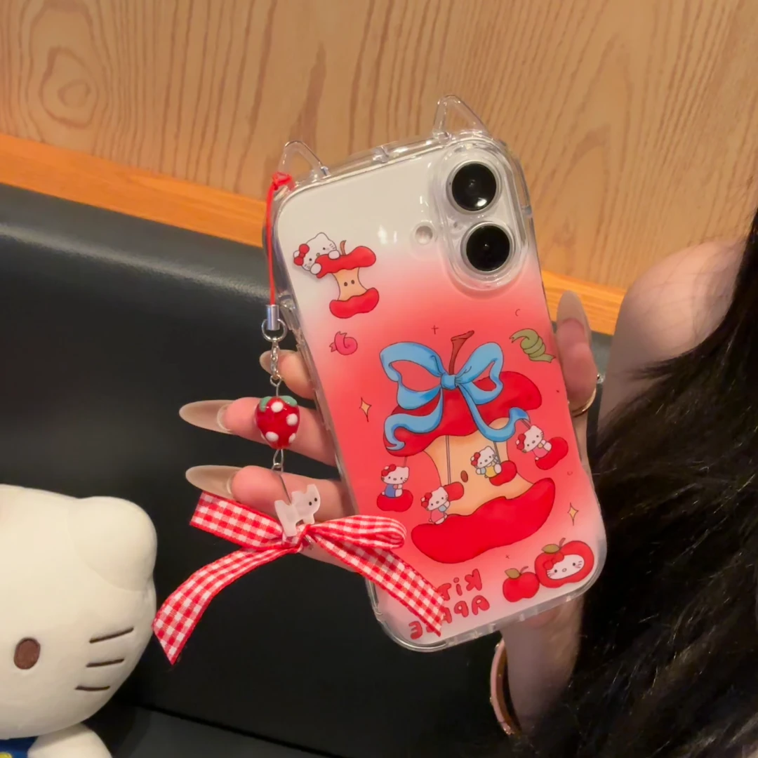 欧克里里旋转苹果KT草莓挂链适用苹果16/15猫耳朵手机壳14/13/12