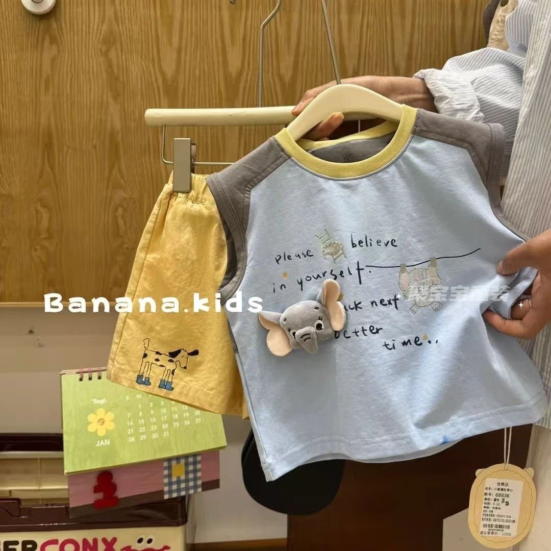 儿童卡通套装夏季新款韩版男童立体玩偶背心短裤两件套薄款无袖潮