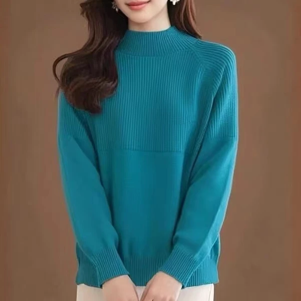 AQ003休闲百搭宽松圆领长袖女士套头半高领纯色毛衣