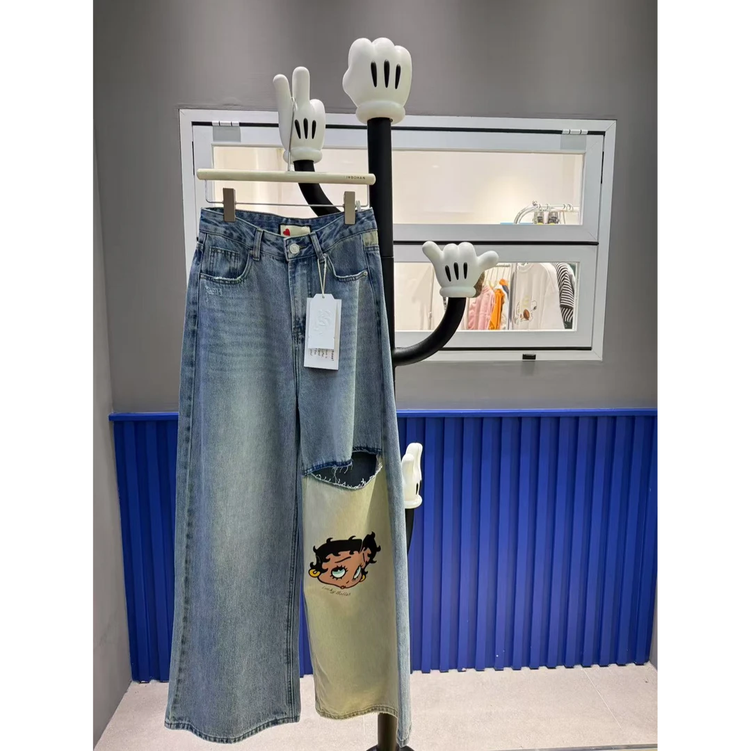 4721南油 BOHAN秀秀家 撞色拼接贝蒂阔腿牛仔裤