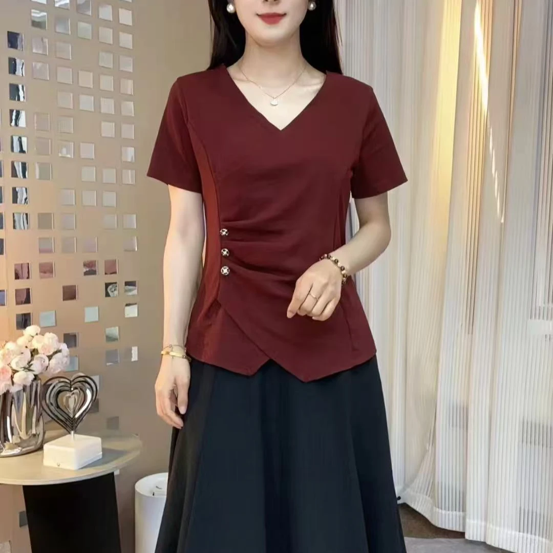 2025夏季新品时尚褶皱不规则修身气质女人V领短袖上衣减龄女装T恤