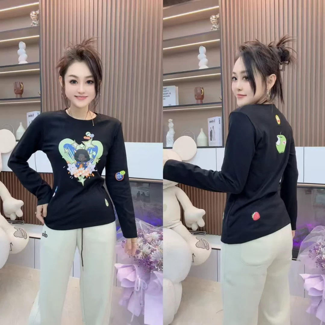 设计感做旧卡通彩色心形印花圆领长袖T恤女2025早秋新款百搭上衣