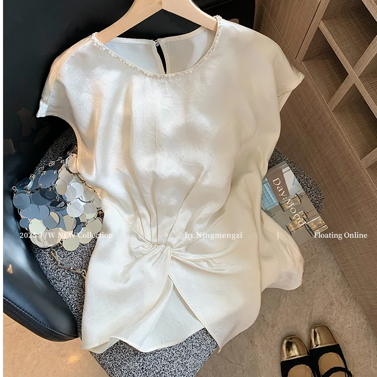 2025年夏季新款法式杏色褶皱钉珠醋酸缎面上衣女气质收腰时髦衬衫