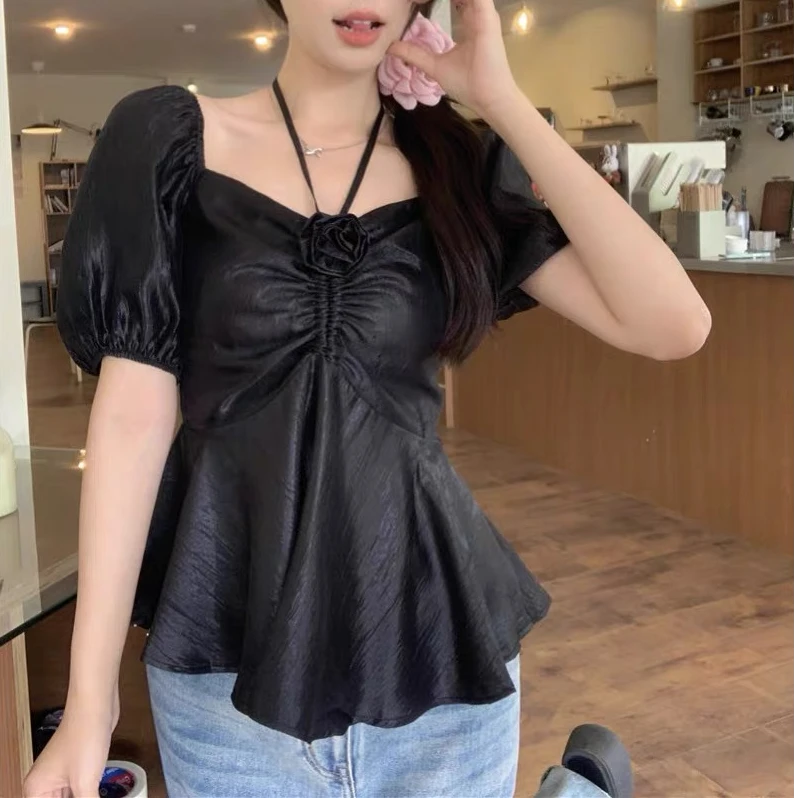 大姑推荐   辣妹纯欲衬衫立体花朵挂脖上衣  6027