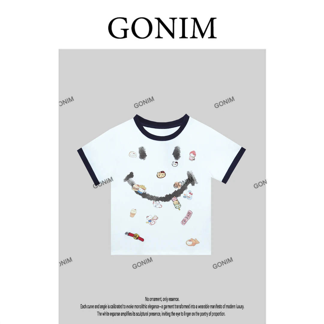 Gonim· ”微笑面对“2025春季新款卡通猫咪笑脸图案印花短袖T恤女