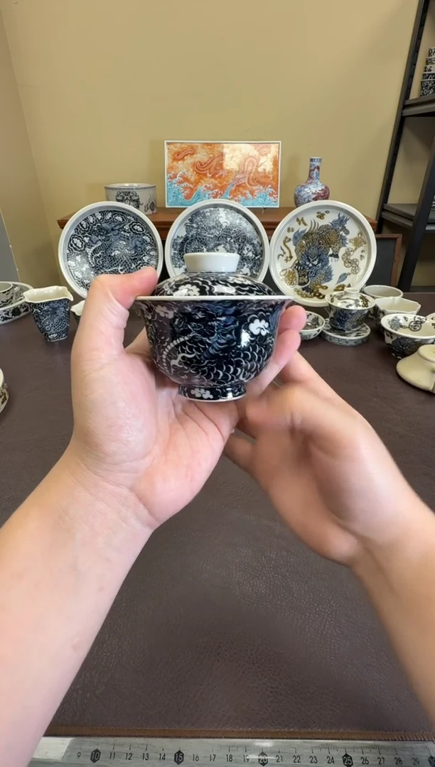 二号釉云墨麒麟元宝盖碗