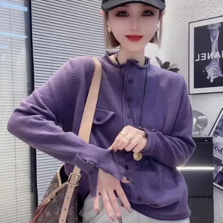 时尚百搭立领长袖针织开衫女2025秋冬新款宽松显瘦减龄毛衣外套潮