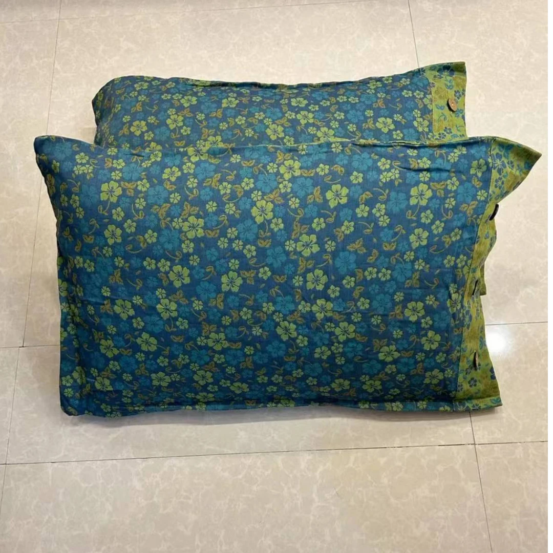 纯棉绿色碎花双层纱枕套一对（48*74）