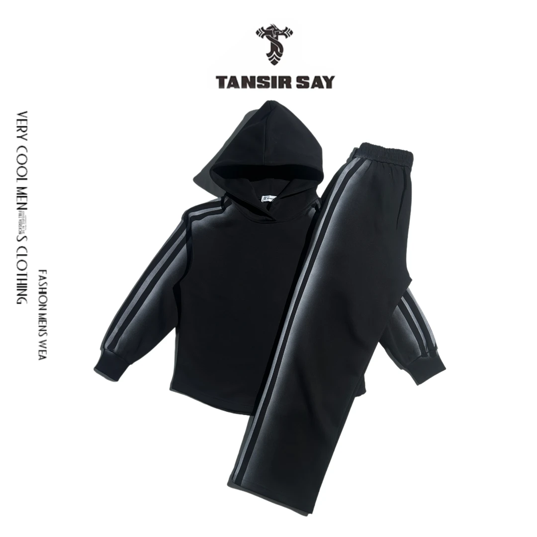 TANSIR SAY秋季连帽彩喷卫衣套装推荐男士运动时尚休闲黑色百搭