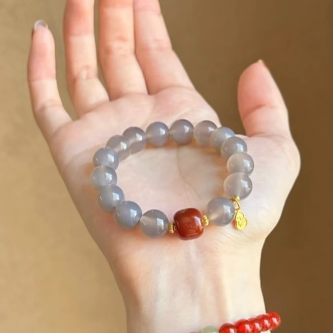 【春日】新中式灰玛瑙玉髓手串时尚百搭简约叠戴风格