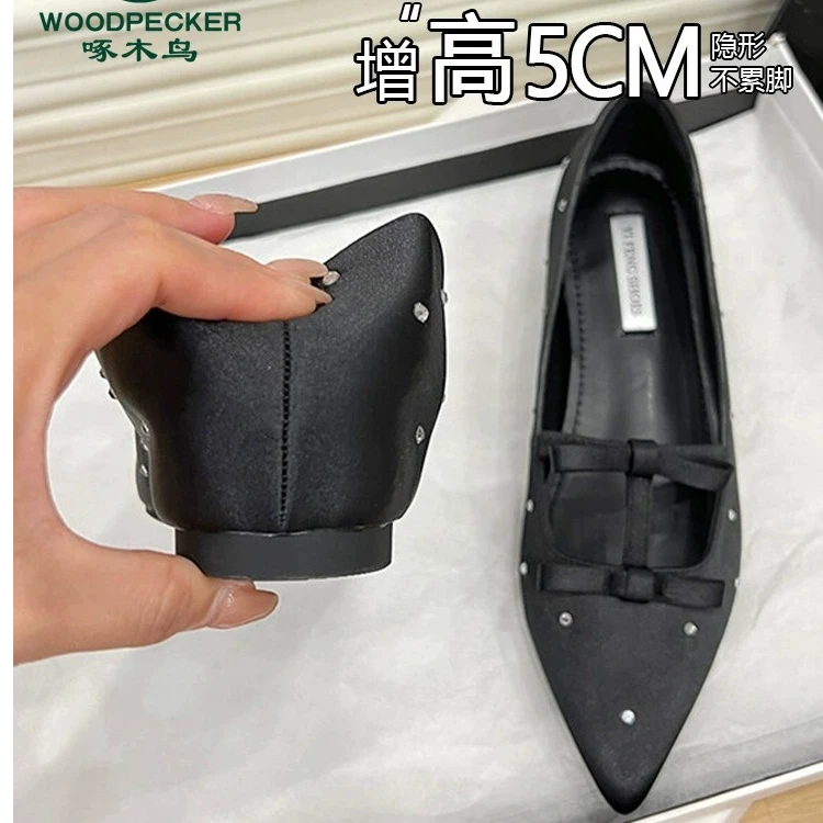 啄木鸟绸缎水钻玛丽珍鞋女2025春季新款内增高千金鞋子名媛风