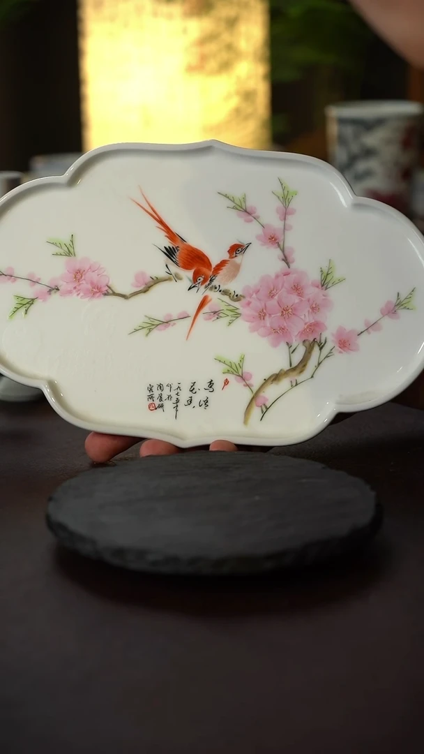 景德镇全手工手绘水点桃花花鸟壶承