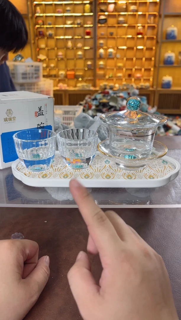 瓷片鸣盏居11111111水晶盖碗+2杯+茶盘