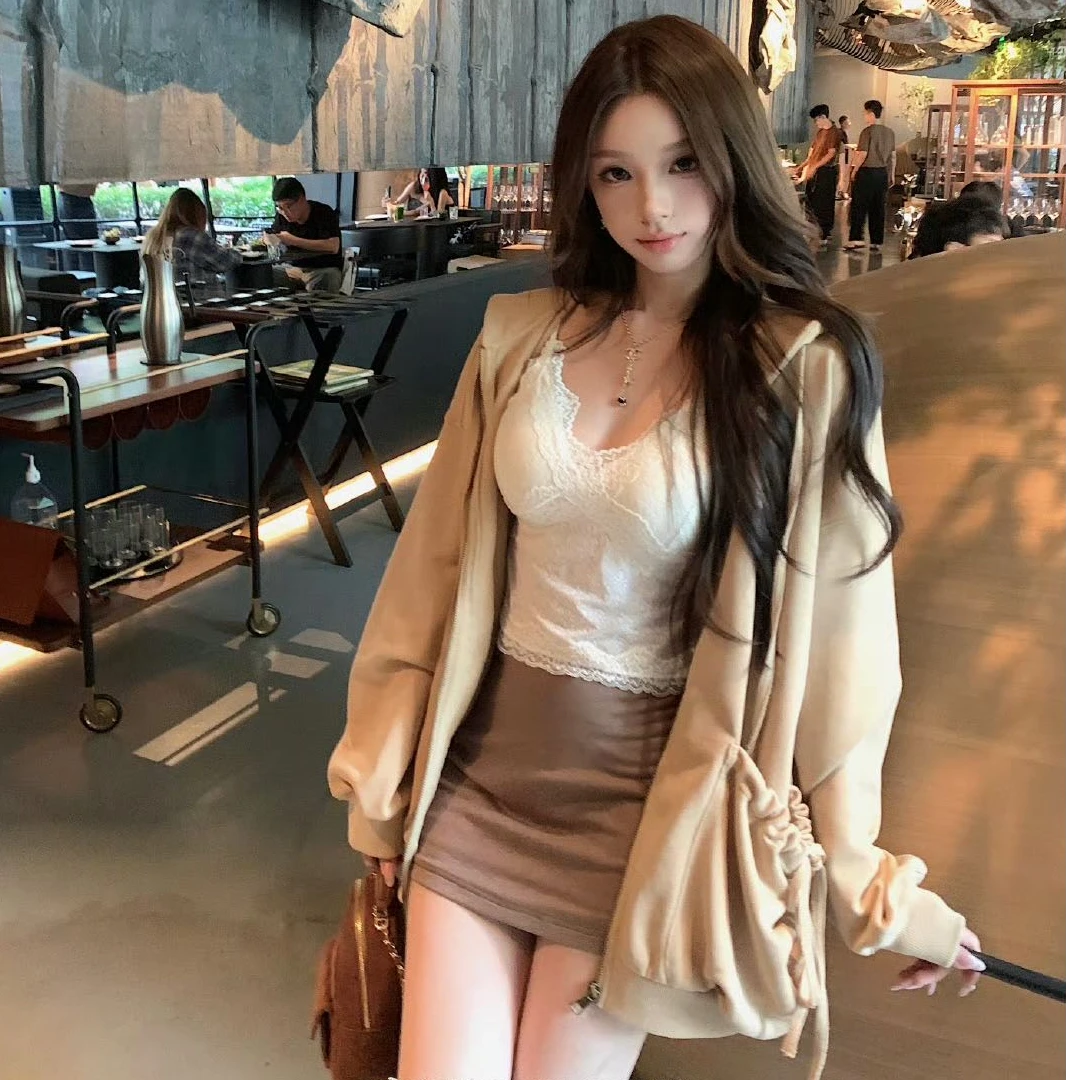 连帽拉链抽绳长袖卫衣女2025秋季新款美式高街宽松中长款外套ins