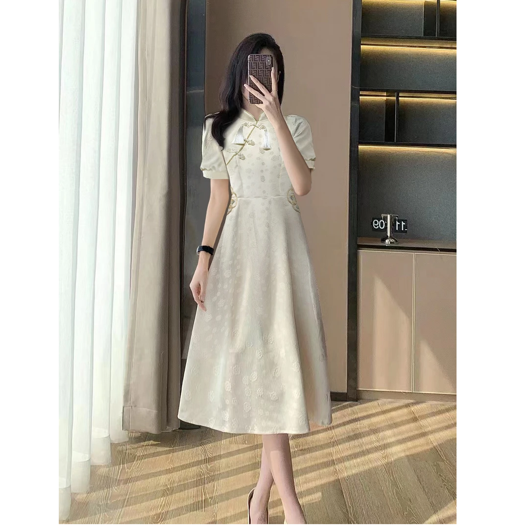 大码夏季法式复古赫本风提花连衣裙时尚气质修身显瘦A字长裙3536