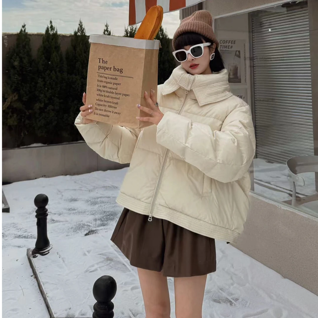 L06 新款荷叶边短款白鸭绒羽绒服外套加厚保暖纯色短款面包服