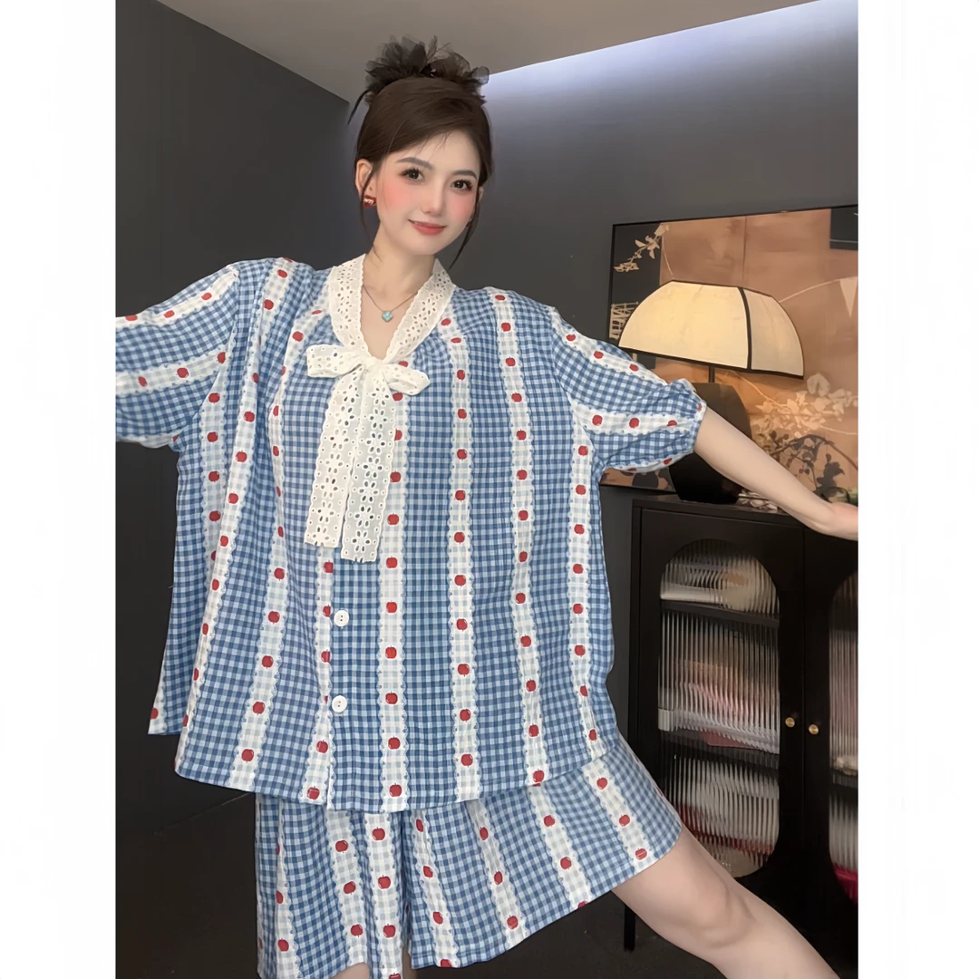 【夏日冰果】法式烂漫云朵棉宽松版短袖睡衣系带领夏薄款家居服女