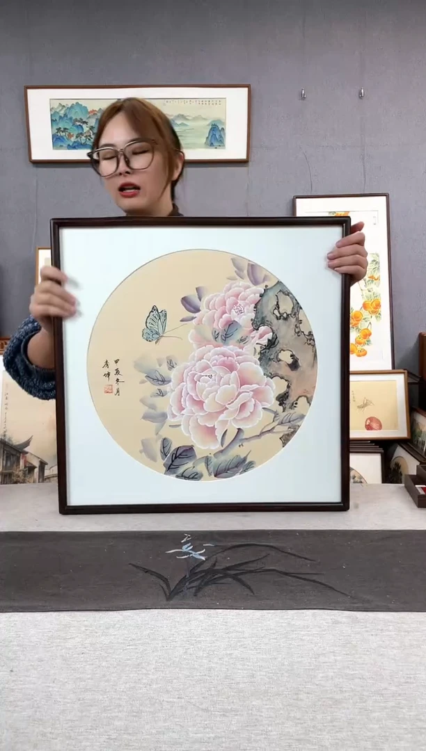 【闪购商品】国画李坤-手绘带框作品-53*53-牡丹